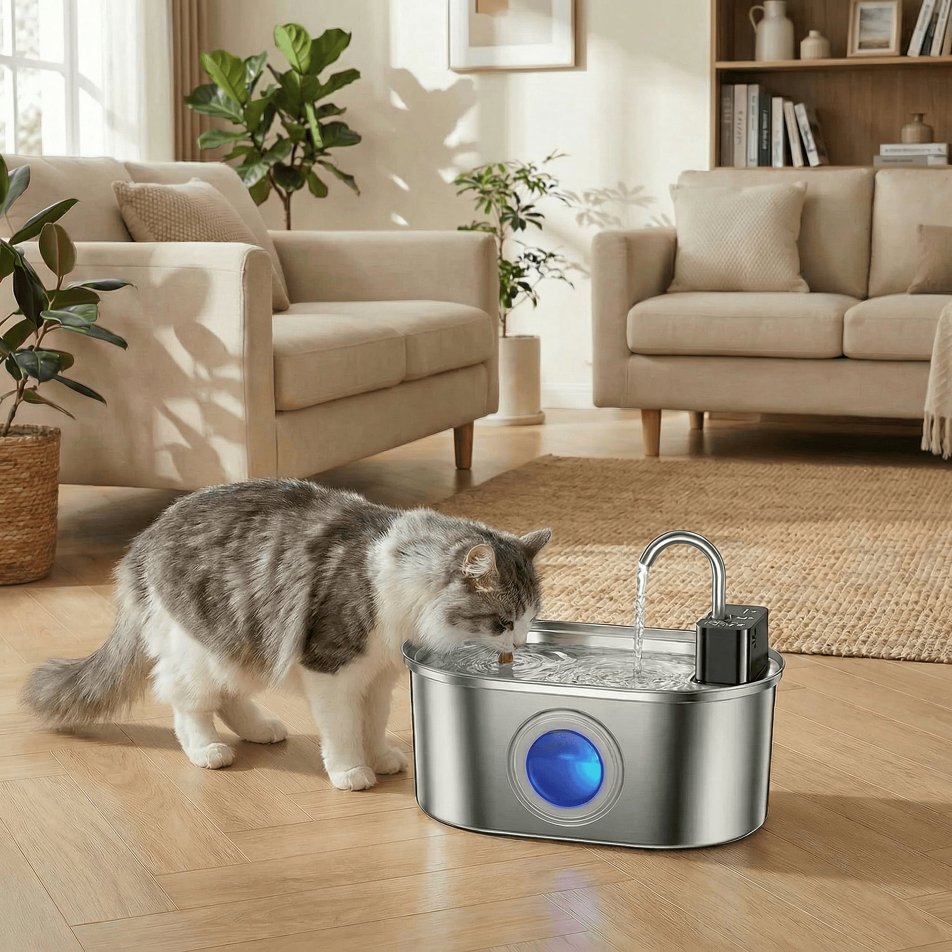 Cat drinking from a smart pet water fountain
