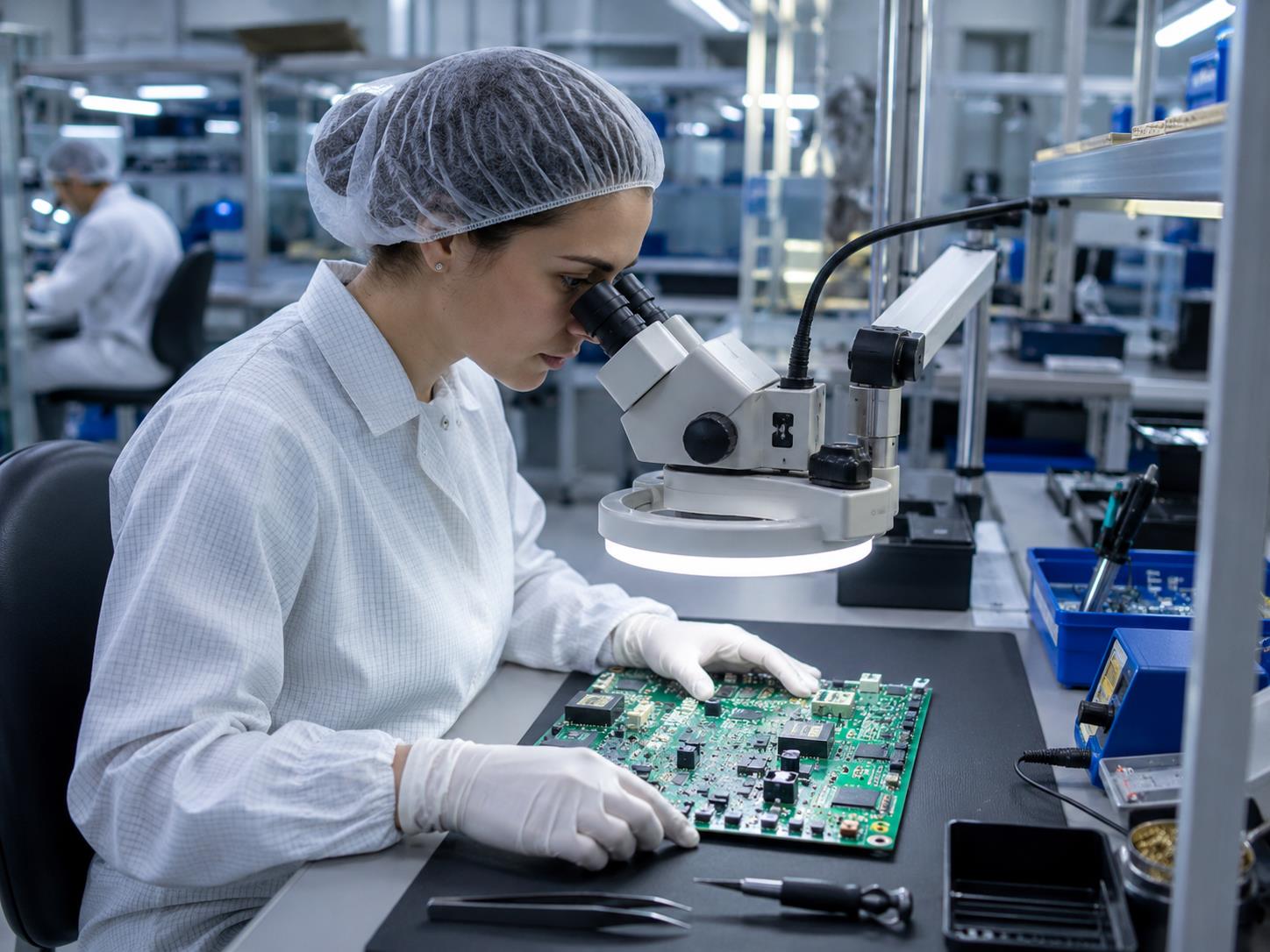 Cleanroom technician inspecting a circuit board
